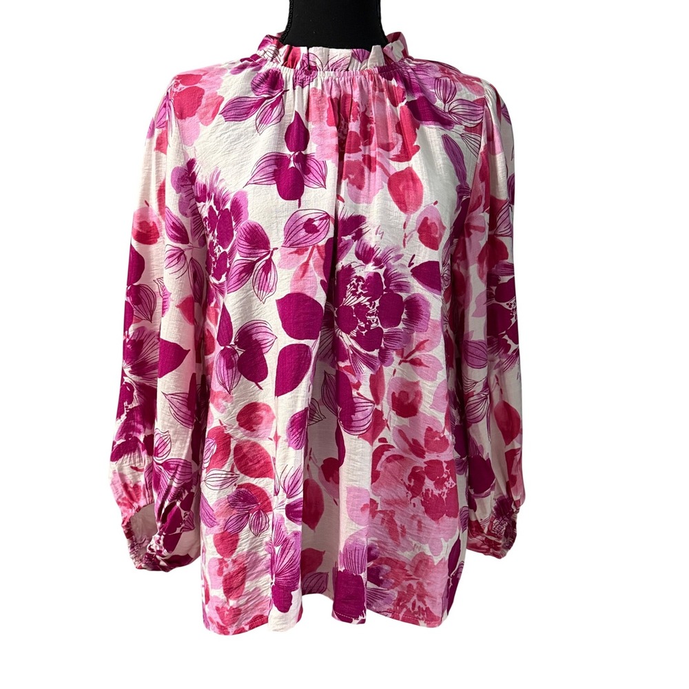 Jodifl Womens Floral Ruffle Neck‎ Balloon Sleeve Blouse Pink Purple Floral Small